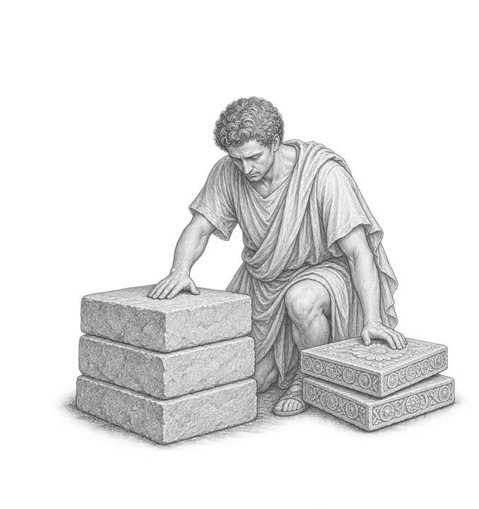 A kneeling figure examining plain stone blocks and carved slabs.