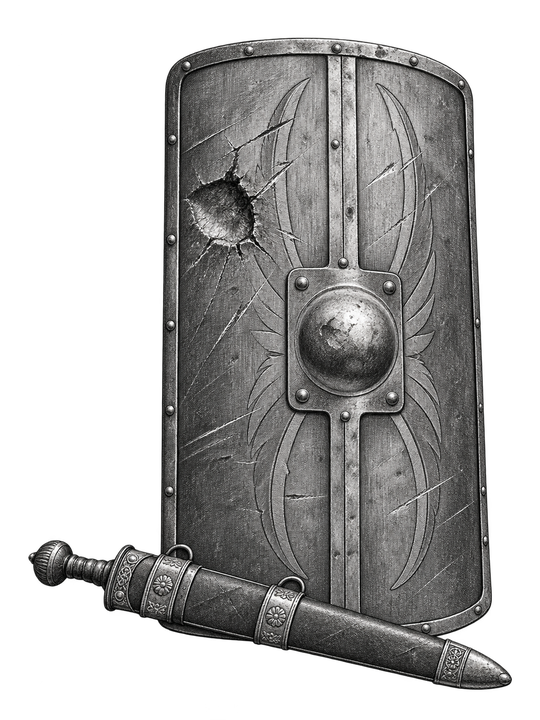 A damaged shield beside a sheathed sword.