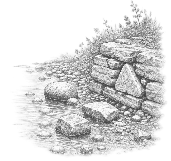 A rocky stream beside a stone embankment.