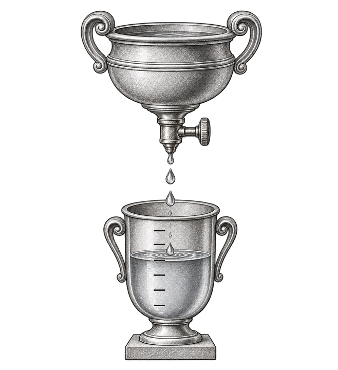 Water falling from an ornate vessel into a measuring cup.